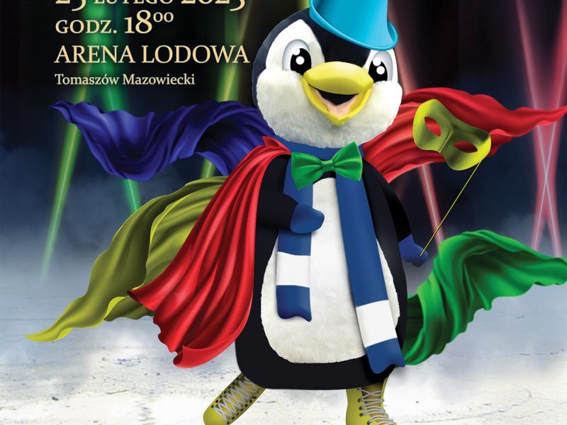 Na zdjęciu plakat Balu Gałganiarza w Arenie Lodowej na zakończenie sezonu zimowego 2022/2023/ Na plakacie Pingwin - maskotka Areny w stroju gałganiarskim i na łyżwach