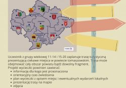 Na zdjęciu mapa powiatu tomaszowskiego. Plakat zachęcający uczniów do udziału w  konkursie literacko-plastycznym 