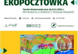 Plakat ecopocztówki - kolorowa praca plastyczna: domki, drzewa, ptaki. Na rysunku napis