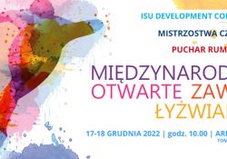 Na zdjęciu baner Międzynarodowych Otwartych Zawodów Łyzwiarskich w Arenie Lodowej. Na plakacie grafika Panczenisty