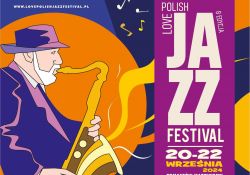 Na zdjęciu baner 8. Love Polish Jazz Festival. Na banerze grafika saksofonisty