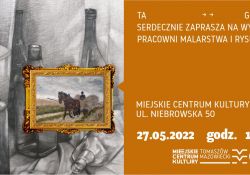 Na zdjęciu baner wystawy w MCK Tkacz. na banerze szkic martwej natury i obraz o tematyce rolnej